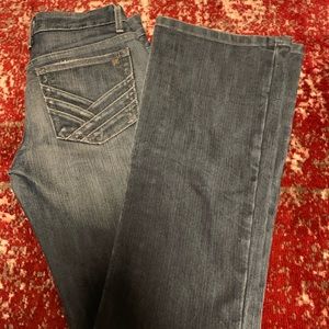 Joe’s Jeans dark blue wide leg jeans.